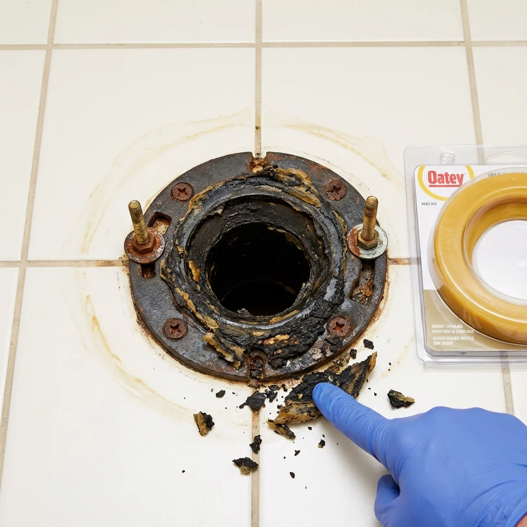 Failed wax ring showing water seepage at the base of a toilet in a Fredericktown, OH home