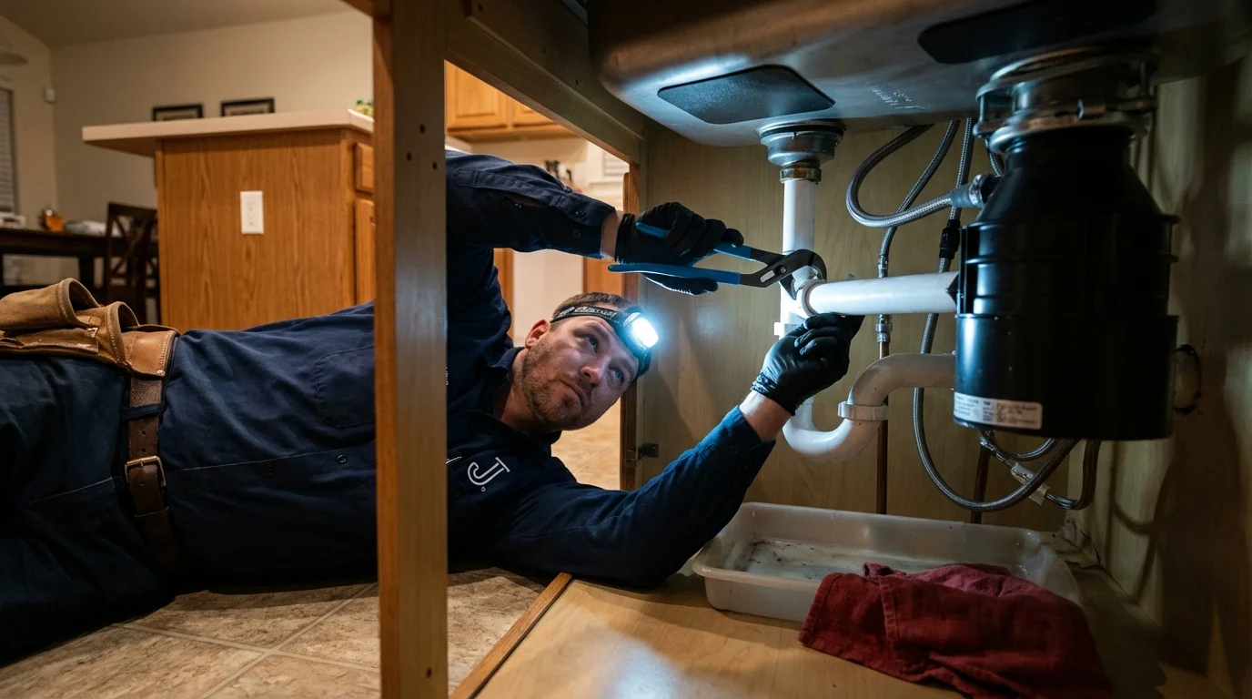 P-trap and supply line connections under a kitchen sink showing a common leak point in Fredericktown, OH